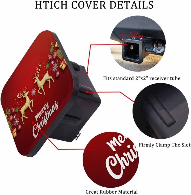 Beabes Merry Christmas Safe Hitch Cover With Deer and Snowflakes - 2 Inch Square Trailer Hitch for Car Rear Receiver - Gold Red Soft Rubber for Trucks SUVs RVs - Image 3